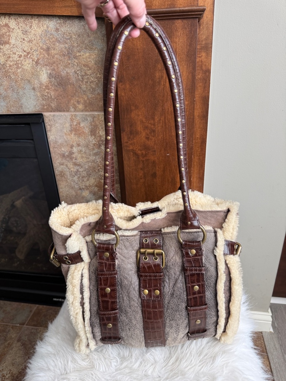 BCBG Maxazria Shearling-Lined large shoulder bag purse Y2K western boho rugged